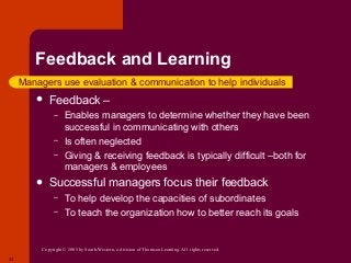 Copyright © 2005 by South-Western, a division of Thomson Learning. All rights reserved.
23
Feedback and Learning
 Feedback –
– Enables managers to determine whether they have been
successful in communicating with others
– Is often neglected
– Giving & receiving feedback is typically difficult –both for
managers & employees
 Successful managers focus their feedback
– To help develop the capacities of subordinates
– To teach the organization how to better reach its goals
Managers use evaluation & communication to help individuals
 