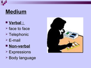 Medium
 Verbal :
 face to face
 Telephonic
 E-mail
 Non-verbal
 Expressions
 Body language
 