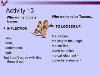 Activity 13
    Who wants to be a           Who wants to be Tarzan...
    lawyer…
                                   TO LOOSEN UP
   INFLECTION

                                Me Tarzan,
I see,
                                me king of the jungle,
I hear,
                                me call lion –
I understand,
                                come here lion,
I feel,
                                me call elephant –
‘but I don’t agree with this,
    throw it out’               come here elephant
 