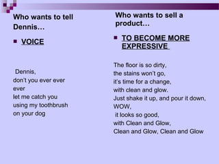 Who wants to tell     Who wants to sell a
                      product…
Dennis…
                         TO BECOME MORE
   VOICE
                          EXPRESSIVE

                      The floor is so dirty,
 Dennis,              the stains won’t go,
don’t you ever ever   it’s time for a change,
ever                  with clean and glow.
let me catch you      Just shake it up, and pour it down,
using my toothbrush   WOW,
on your dog            it looks so good,
                      with Clean and Glow,
                      Clean and Glow, Clean and Glow
 