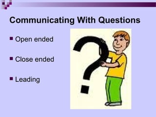 Communicating With Questions

   Open ended

   Close ended

   Leading
 