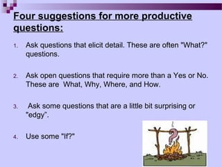 Four suggestions for more productive
questions:
1.   Ask questions that elicit detail. These are often "What?"
     questions.

2.   Ask open questions that require more than a Yes or No.
     These are What, Why, Where, and How.

3.    Ask some questions that are a little bit surprising or
     "edgy”.

4.   Use some "If?"
 