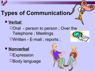 Types of Communication
    Verbal
     Oral - person to person ; Over the
       Telephone ; Meetings
     Written - E-mail ; reports ;

    Nonverbal
     Expression
     Body language
 