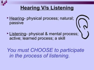 Hearing V/s Listening
 Hearing-   physical process; natural;
 passive

 Listening-physical & mental process;
 active; learned process; a skill

You must CHOOSE to participate
 in the process of listening.
 