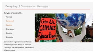 Designing of Conservation Messages
Six types of personalities
 Alarmed
 Concerned
 Cautious
 Disengaged
 Doubtful
 Dismissive
Conservation organizations can harness
such findings in the design of outreach
campaigns that resonate with the values of
different groups.
 