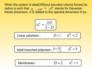 D
D
dF
−
=
2
20
20
=Fd1=DLinear polymers :
Ideal branched polymers : 3
4=D 40
=Fd
Membranes : 2=D ∞=0
Fd
When the system is ideal(Without excuded volume forces),its
radius is such that , stands for Gaussian
fractal dimension, it is related to the spectral dimension D by:
0
1
0 ~ Fd
aMR
0
Fd
 