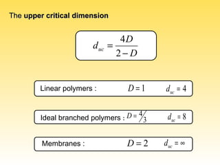 TheThe upper critical dimensionupper critical dimension
1=DLinear polymers :
Ideal branched polymers : 3
4=D
Membranes : 2=D ∞=ucd
4=ucd
8=ucd
D
D
duc
−
=
2
4
 