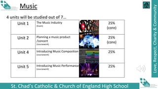 St. Chad’s Catholic & Church of England High School
Love,
Respect,
Charity
&
Community
Music
4 units will be studied out of 7…
Unit 1 The Music Industry
(Exam)
25%
(core)
Unit 2 Planning a music product
/concert
(coursework)
25%
(core)
Unit 4 Introducing Music Composition
(coursework)
25%
Unit 5 Introducing Music Performance
(coursework)
25%
 