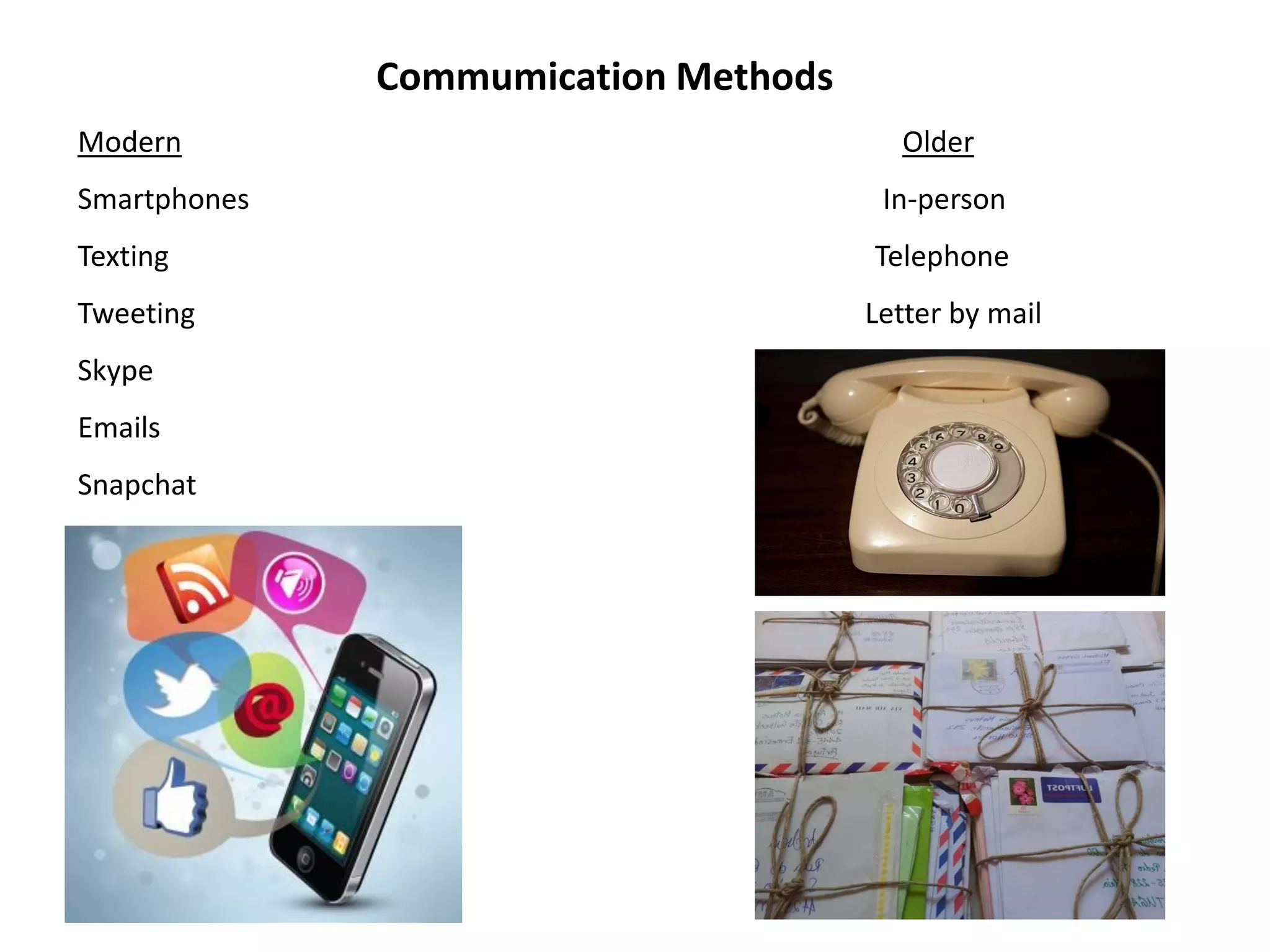 Commumication Methods
Modern Older
Smartphones In-person
Texting Telephone
Tweeting Letter by mail
Skype
Emails
Snapchat
Facebook
Linkedin
Google Hangouts
 