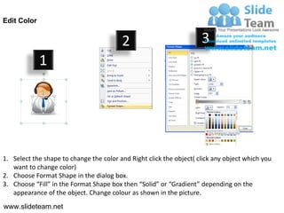 Edit Color


                                         2                           3
             1




1. Select the shape to change the color and Right click the object( click any object which you
   want to change color)
2. Choose Format Shape in the dialog box.
3. Choose “Fill” in the Format Shape box then “Solid” or “Gradient” depending on the
   appearance of the object. Change colour as shown in the picture.
www.slideteam.net
 