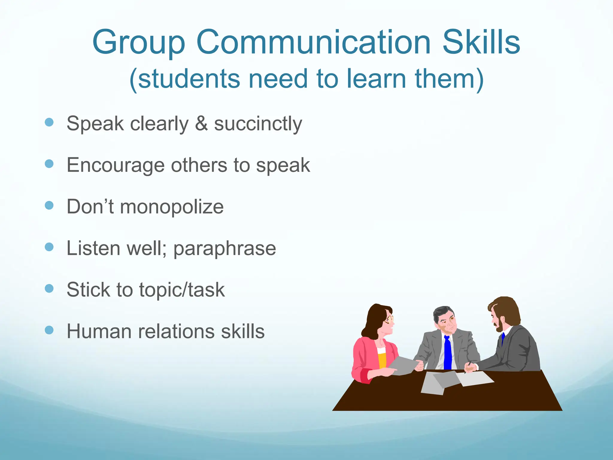 Group Communication Skills
(students need to learn them)
 Speak clearly & succinctly
 Encourage others to speak
 Don’t monopolize
 Listen well; paraphrase
 Stick to topic/task
 Human relations skills
 