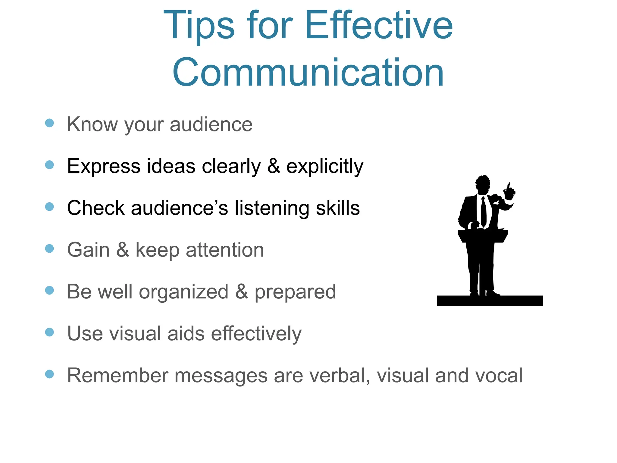 Tips for Effective
Communication
 Know your audience
 Express ideas clearly & explicitly
 Check audience’s listening skills
 Gain & keep attention
 Be well organized & prepared
 Use visual aids effectively
 Remember messages are verbal, visual and vocal
 