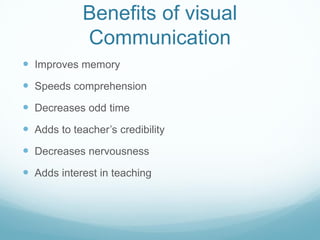 Benefits of visual
Communication
 Improves memory
 Speeds comprehension
 Decreases odd time
 Adds to teacher’s credibility
 Decreases nervousness
 Adds interest in teaching
 
