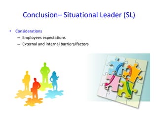 Considerations Employees expectations External and internal barriers/factors Conclusion– Situational Leader (SL) 