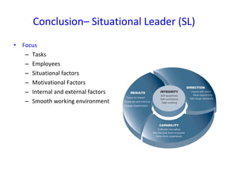 Focus Tasks Employees Situational factors Motivational Factors Internal and external factors Smooth working environment Conclusion– Situational Leader (SL) 