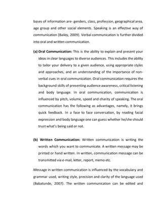bases of information are- genders, class, profession, geographical area,
age group and other social elements. Speaking is an effective way of
communication (Bailey, 2009). Verbal communication is further divided
into oral and written communication.
(a) Oral Communication: This is the ability to explain and present your
ideas in clear languages to diverse audiences. This includes the ability
to tailor your delivery to a given audience, using appropriate styles
and approaches, and an understanding of the importance of non-
verbal cues in oral communication. Oral communication requires the
background skills of presenting audience awareness, critical listening
and body language. In oral communication, communication is
influenced by pitch, volume, speed and charity of speaking. The oral
communication has the following as advantages, namely, it brings
quick feedback. In a face to face conversation, by reading facial
expression and body language one can guess whether he/she should
trust what’s being said or not.
(b) Written Communication: Written communication is writing the
words which you want to communicate. A written message may be
printed or hand written. In written, communication message can be
transmitted via e-mail, letter, report, memo etc.
Message in written communication is influenced by the vocabulary and
grammar used, writing style, precision and clarity of the language used
(Babatunde, 2007). The written communication can be edited and
 
