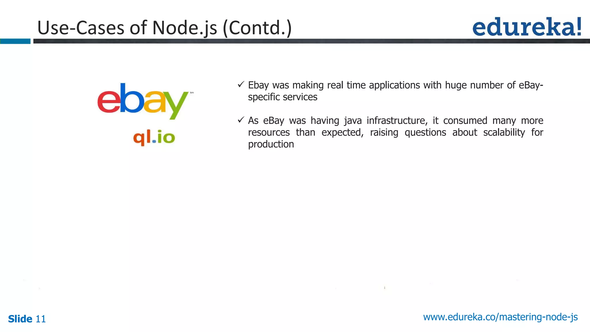 Slide 11 www.edureka.co/mastering-node-jsSlide 11
Use-Cases of Node.js (Contd.)
 Ebay was making real time applications with huge number of eBay-
specific services
 As eBay was having java infrastructure, it consumed many more
resources than expected, raising questions about scalability for
production
 