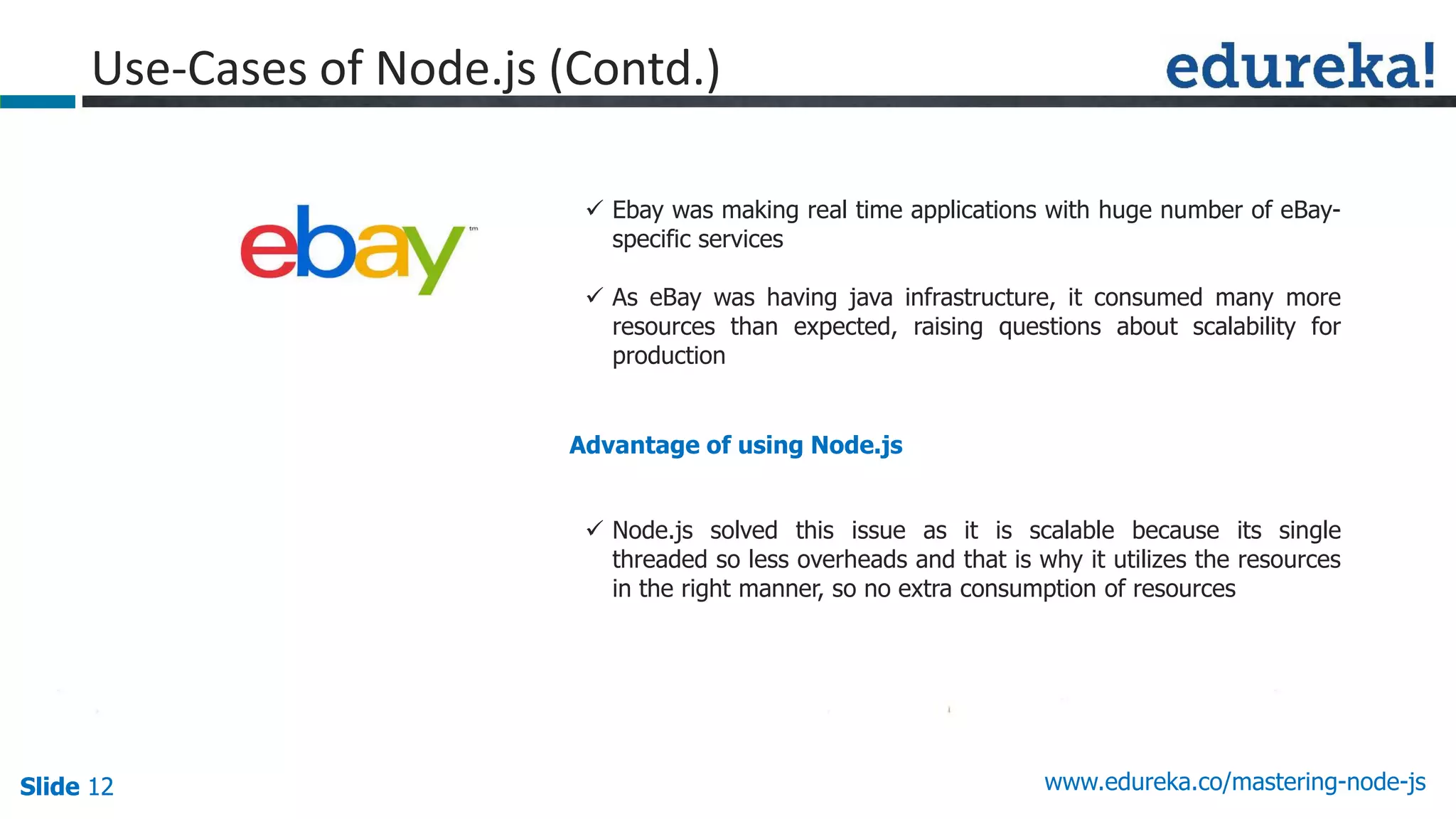 Slide 12 www.edureka.co/mastering-node-jsSlide 12
 Ebay was making real time applications with huge number of eBay-
specific services
 As eBay was having java infrastructure, it consumed many more
resources than expected, raising questions about scalability for
production
 Node.js solved this issue as it is scalable because its single
threaded so less overheads and that is why it utilizes the resources
in the right manner, so no extra consumption of resources
Use-Cases of Node.js (Contd.)
Advantage of using Node.js
 