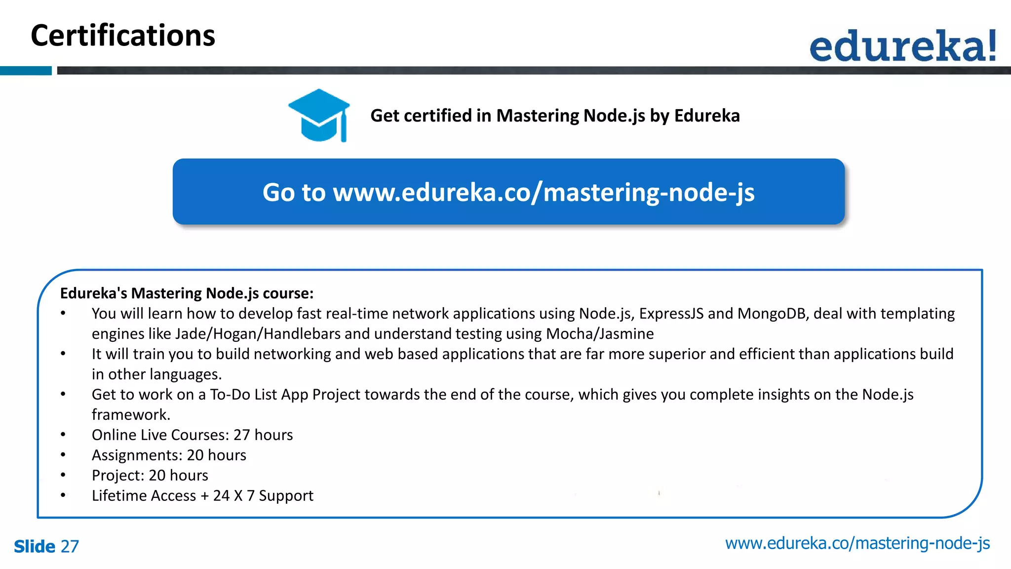 Slide 27Slide 27Slide 27Slide 27 www.edureka.co/mastering-node-js
Certifications
Get certified in Mastering Node.js by Edureka
Edureka's Mastering Node.js course:
• You will learn how to develop fast real-time network applications using Node.js, ExpressJS and MongoDB, deal with templating
engines like Jade/Hogan/Handlebars and understand testing using Mocha/Jasmine
• It will train you to build networking and web based applications that are far more superior and efficient than applications build
in other languages.
• Get to work on a To-Do List App Project towards the end of the course, which gives you complete insights on the Node.js
framework.
• Online Live Courses: 27 hours
• Assignments: 20 hours
• Project: 20 hours
• Lifetime Access + 24 X 7 Support
Go to www.edureka.co/mastering-node-js
 