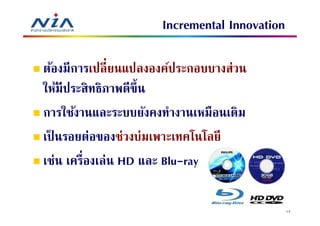 Incremental Innovation

ต้องมีการเปลี ยนแปลงองค์ประกอบบางส่วน
ให้มีประสิทธิภาพดีขึน
การใช้งานและระบบยังคงทํางานเหมือนเดิม
เป็ นรอยต่อของช่วงบ่มเพาะเทคโนโลยี
เช่น เครืองเล่น HD และ Blu-ray

                                              14
 