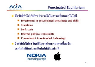 Punctuated Equilibrium
ปั จจัยทีทําให้บริษทฯ ลําบากใจในการเปลี ยนเทคโนโลยี
                   ั
       Investments in accumulated knowledge and skills
       Traditions
       Sunk costs
       Internal political constraints
       Commitment to outmoded technology
จึงทําให้บริษทฯ ใหม่มีโอกาสในการลงทุนเพือสร้าง
              ั
เทคโนโลยี ใหม่และเติบโตได้เป็ นอย่างดี


                                                         52
 
