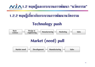 1.2 ทฤษฎี และกระบวนการพัฒนา “นวัตกรรม”
1.2.2 ทฤษฎี เกียวกับกระบวนการพัฒนานวัตกรรม
                       Technology push
  Basic            Design &      Manufacturing     Marketing           Sales
 science          engineering


                     Market (need) pull
    Market need         Development      Manufacturing         Sales



                                                                               70
 