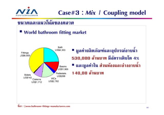 Case#3 : Mix | Coupling Growth
                                              Market Size & model
ขนาดและแนวโน้มของตลาด
  World bathroom fitting market

                                                   มูลค่าผลิ ตภัณฑ์และอุปกรณ์อาบนํา
                                                  530,000 ล้านบาท มีอตราเติบโต 4%
                                                                       ั
                                                   และมูลค่าใน ส่วนห้องและอ่างอาบนํา
                                                  140,00 ล้านบาท




ทีมา : (www.bathroom-fittings-manufacturers.com                                        87
 