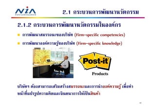 2.1 กระบวนการพัฒนานวัตกรรม
2.1.2 กระบวนการพัฒนานวัตกรรมในองค์กร
  การพัฒนาสมรรถนะของบริษท (Firm-specific competencies)
                          ั
  การพัฒนาองค์ความรูของบริษท (Firm-specific knowledge)
                    ้       ั




บริษทฯ ต้องสามารถเสริมสร้างสมรรถนะและการนําองค์ความรู ้ เพือทํา
    ั
หน้าทีแปรรูปความคิดและจินตนาการให้เป็ นสิ นค้า
                                                                  32
 