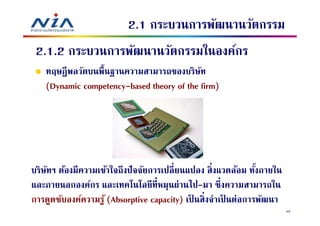 2.1 กระบวนการพัฒนานวัตกรรม
 2.1.2 กระบวนการพัฒนานวัตกรรมในองค์กร
    ทฤษฏีพลวัตบนพืนฐานความสามารถของบริษท    ั
    (Dynamic competency-based theory of the firm)




บริษทฯ ต้องมีความเข้าใจถึงปั จจัยการเปลี ยนแปลง สิ งแวดล้อม ทังภายใน
    ั
และภายนอกองค์กร และเทคโนโลยีทีหมุนผ่านไป-มา ซึงความสามารถใน
การดูดซับองค์ความรู ้ (Absorptive capacity) เป็ นสิ งจําเป็ นต่อการพัฒนา
                                                                           33
 