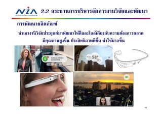 2.2 กระบวนการบริหารจัดการงานวิจยและพัฒนา
                                          ั
การพัฒนาผลิ ตภัณฑ์
นําเอางานิ วิจยประยุกต์มาพัฒนาให้ดีและใกล้เคียงกับความต้องการตลาด
              ั
                มีคณภาพสูงขึน ประสิ ทธิภาพดีขึน น่ าใช้มากขึน
                   ุ




                                                                    54
 