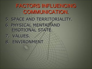 FACTORS INFLUENCINGFACTORS INFLUENCING
COMMUNICATION.COMMUNICATION.
5. SPACE AND TERRITORIALITY.5. SPACE AND TERRITORIALITY.
6. PHYSICAL MENTAL AND6. PHYSICAL MENTAL AND
EMOTIONAL STATE.EMOTIONAL STATE.
7. VALUES.7. VALUES.
8. ENVIRONMENT8. ENVIRONMENT
 