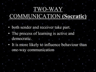 TWO-WAY
COMMUNICATION (Socratic)
• both sender and receiver take part.
• The process of learning is active and
democratic.
• It is more likely to influence behaviour than
one-way communication
 