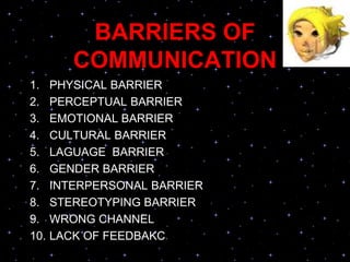 BARRIERS OF
COMMUNICATION
1. PHYSICAL BARRIER
2. PERCEPTUAL BARRIER
3. EMOTIONAL BARRIER
4. CULTURAL BARRIER
5. LAGUAGE BARRIER
6. GENDER BARRIER
7. INTERPERSONAL BARRIER
8. STEREOTYPING BARRIER
9. WRONG CHANNEL
10. LACK OF FEEDBAKC
 