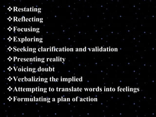 Restating
Reflecting
Focusing
Exploring
Seeking clarification and validation
Presenting reality
Voicing doubt
Verbalizing the implied
Attempting to translate words into feelings
Formulating a plan of action
 