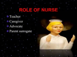 ROLE OF NURSE
Teacher
Caregiver
Advocate
Parent surrogate
 