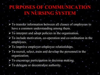 PURPOSES OF COMMUNICATION
IN NURSING SYSTEM
To transfer information between all classes of employees to
have a common understanding among them.
To interpret and adopt policies in the organisation.
To include motivation, co-operation and co-ordination in the
employees.
To improve employer-employee relationships.
To recruit, select, train and develop the personnel in the
organization.
To encourage participation in decision making.
To delegate or decentralize authority.
 