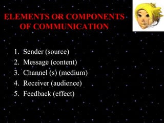 ELEMENTS OR COMPONENTS
OF COMMUNICATION
1. Sender (source)
2. Message (content)
3. Channel (s) (medium)
4. Receiver (audience)
5. Feedback (effect)
 