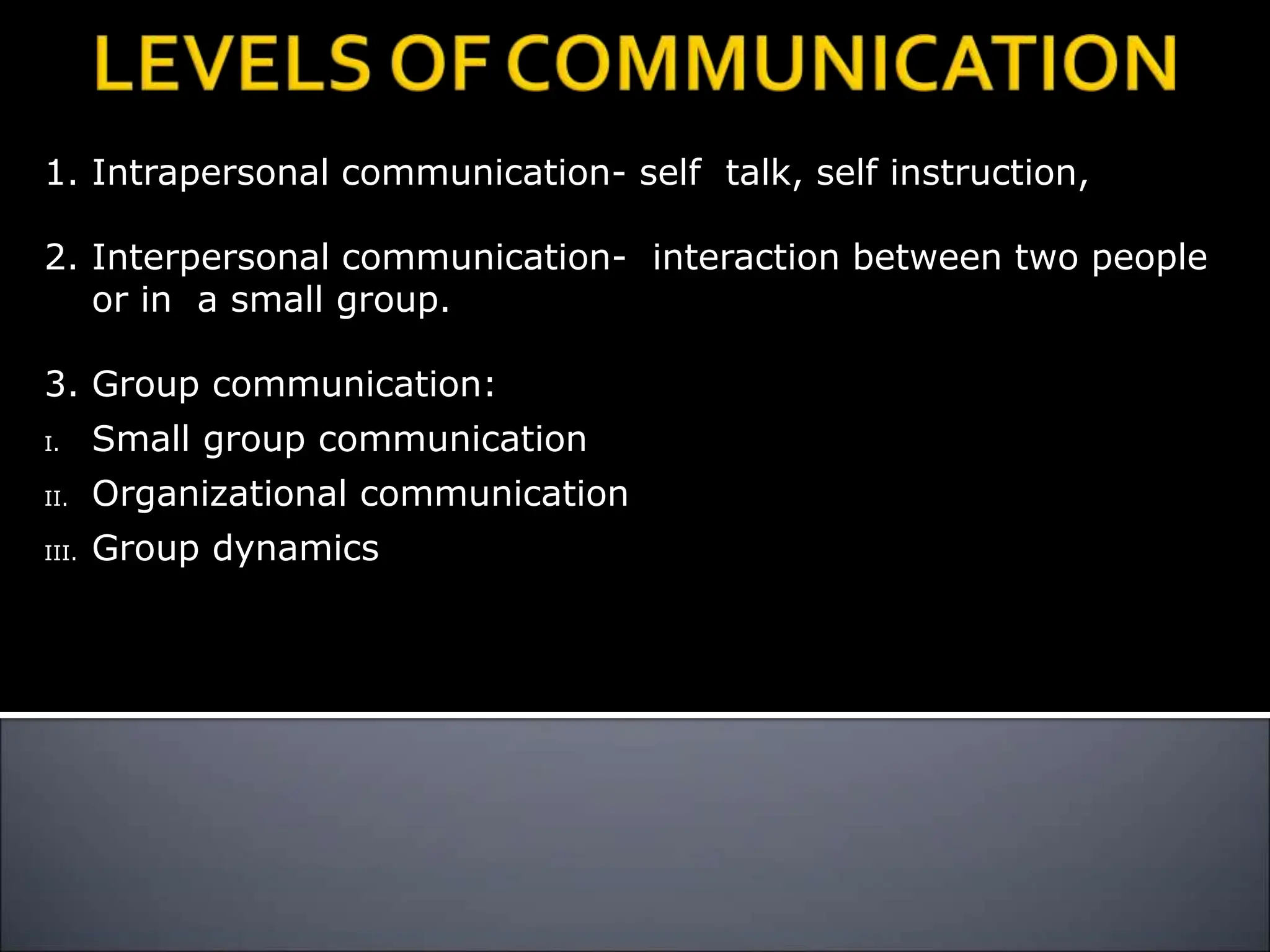 1. Intrapersonal communication- self talk, self instruction,
2. Interpersonal communication- interaction between two people
or in a small group.
3. Group communication:
I. Small group communication
II. Organizational communication
III. Group dynamics
 