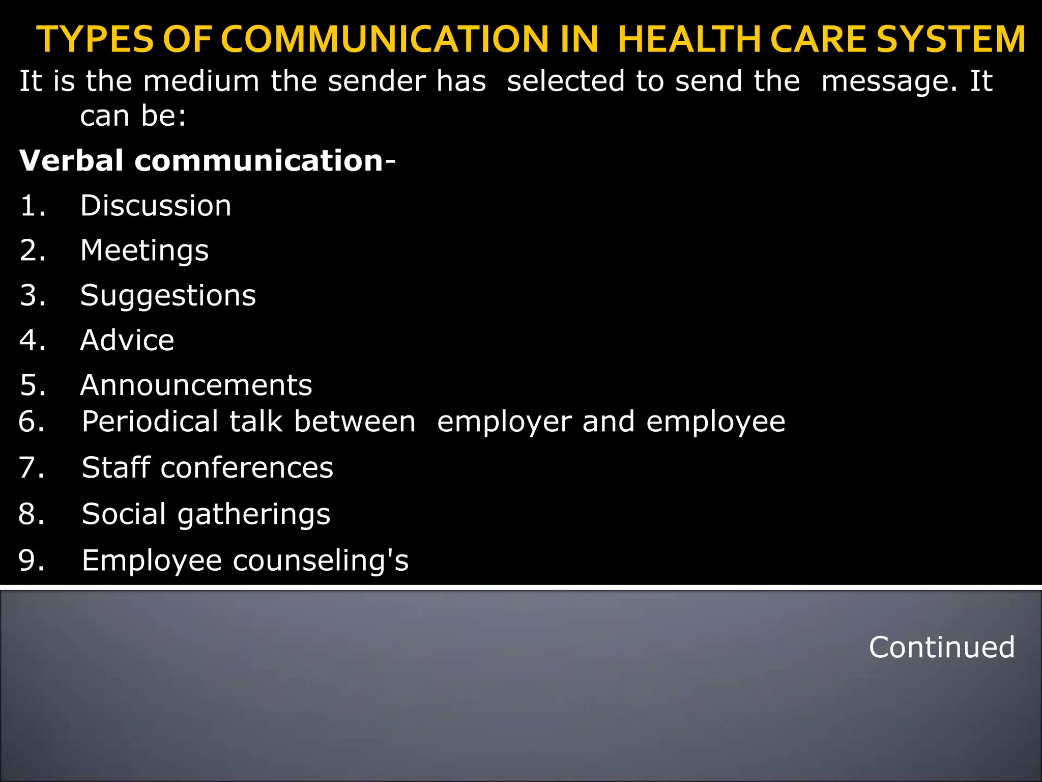 It is the medium the sender has selected to send the message. It
can be:
Verbal communication-
1. Discussion
2. Meetings
3. Suggestions
4. Advice
5. Announcements
6. Periodical talk between employer and employee
7. Staff conferences
8. Social gatherings
9. Employee counseling's
Continued
TYPES OF COMMUNICATION IN HEALTH CARE SYSTEM
 
