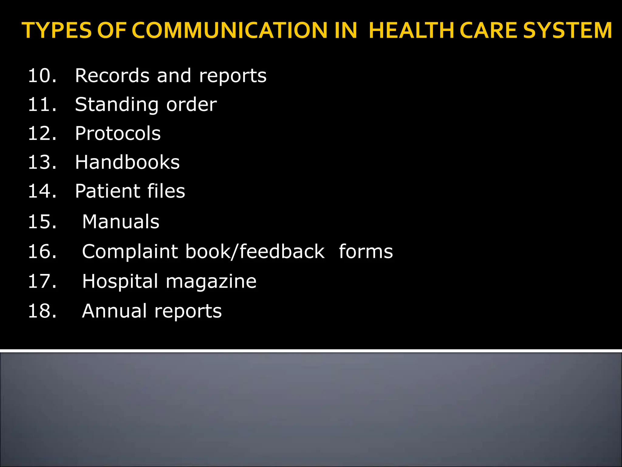 10. Records and reports
11. Standing order
12. Protocols
13. Handbooks
14. Patient files
15. Manuals
16. Complaint book/feedback forms
17. Hospital magazine
18. Annual reports
TYPES OF COMMUNICATION IN HEALTH CARE SYSTEM
 