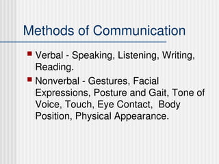 Methods of Communication
 Verbal - Speaking, Listening, Writing,
Reading.
 Nonverbal - Gestures, Facial
Expressions, Posture and Gait, Tone of
Voice, Touch, Eye Contact, Body
Position, Physical Appearance.
 