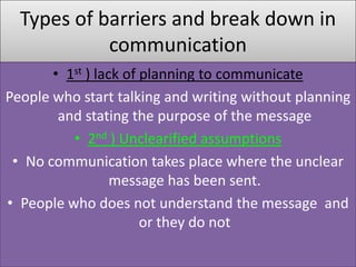 Types of barriers and break down in
            communication
       • 1st ) lack of planning to communicate
People who start talking and writing without planning
        and stating the purpose of the message
          • 2nd ) Unclearified assumptions
 • No communication takes place where the unclear
                  message has been sent.
• People who does not understand the message and
                       or they do not
 