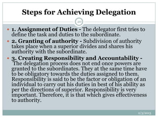 Steps for Achieving Delegation
                               20

 1. Assignment of Duties - The delegator first tries to
  define the task and duties to the subordinate.
 2. Granting of authority - Subdivision of authority
  takes place when a superior divides and shares his
  authority with the subordinate.
 3. Creating Responsibility and Accountability -
   The delegation process does not end once powers are
  granted to the subordinates. They at the same time have
  to be obligatory towards the duties assigned to them.
  Responsibility is said to be the factor or obligation of an
  individual to carry out his duties in best of his ability as
  per the directions of superior. Responsibility is very
  important. Therefore, it is that which gives effectiveness
  to authority.

                                                          2/3/2013
 