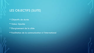 LES OBJECTIFS (SUITE)
• Objectifs de durée
• Valeur Ajoutée
• Elargissement de la cible
• Facilitation de la communication à l’international
 