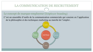 LA COMMUNICATION DE RECRUTEMENT
Le concept de marque-employeur (Employer branding)
C’est un ensemble d’outils de la communication commerciale qui consiste en l’application
de la philosophie et des techniques marketing au marché de l’emploi .
OUTILS
Forums
internet
Annonces
Presse
Réseaux
sociaux
 