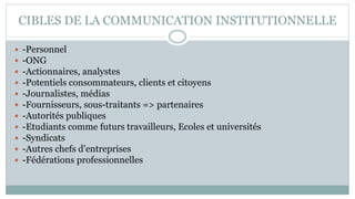 CIBLES DE LA COMMUNICATION INSTITUTIONNELLE
 -Personnel
 -ONG
 -Actionnaires, analystes
 -Potentiels consommateurs, clients et citoyens
 -Journalistes, médias
 -Fournisseurs, sous-traitants => partenaires
 -Autorités publiques
 -Etudiants comme futurs travailleurs, Ecoles et universités
 -Syndicats
 -Autres chefs d’entreprises
 -Fédérations professionnelles
 