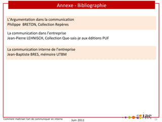 Annexe - Bibliographie
L’Argumentation dans la communication 
Philippe  BRETON, Collection Repères
La communication dans l’entreprise
Jean-Pierre LEHNISCH, Collection Que-sais-je aux éditions PUF
La communication interne de l’entreprise 
Jean-Baptiste BRES, mémoire UTBM

Comment maîtriser l’art de communiquer en interne

Juin 2011

     29

 