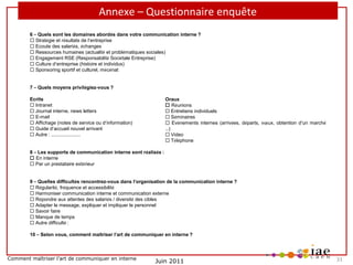 Annexe – Questionnaire enquête
6 – Quels sont les domaines abordés dans votre communication interne ? 
 Stratégie et résultats de l’entreprise
 Ecoute des salariés, échanges
 Ressources humaines (actualité et problématiques sociales)
 Engagement RSE (Responsabilité Sociétale Entreprise)
 Culture d’entreprise (histoire et individus)
 Sponsoring sportif et culturel, mécénat
7 – Quels moyens privilégiez-vous ? 
Ecrits
Oraux
 Intranet
 Réunions
 Journal interne, news letters
 Entretiens individuels
 E-mail
 Séminaires
 Affichage (notes de service ou d’information)
 Evènements internes (arrivées, départs, vœux, obtention d’un marché
 Guide d’accueil nouvel arrivant
…)
 Autre : ……………………..
 Video
 
 Téléphone
  
8 – Les supports de communication interne sont réalisés : 
 En interne
 Par un prestataire extérieur
  
9 – Quelles difficultés rencontrez-vous dans l’organisation de la communication interne ? 
 Régularité, fréquence et accessibilité
 Harmoniser communication interne et communication externe
 Répondre aux attentes des salariés / diversité des cibles
 Adapter le message, expliquer et impliquer le personnel
 Savoir faire
 Manque de temps
 Autre difficulté :
 
10 – Selon vous, comment maîtriser l’art de communiquer en interne ?
 
Comment maîtriser l’art de communiquer en interne

Juin 2011

31

 