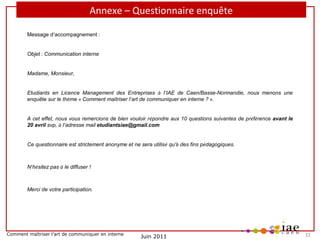 Annexe – Questionnaire enquête
 

Message d’accompagnement :

Objet : Communication interne
 
Madame, Monsieur,
 
Etudiants en Licence Management des Entreprises à l’IAE de Caen/Basse-Normandie, nous menons une
enquête sur le thème « Comment maîtriser l’art de communiquer en interne ? ».
 
A cet effet, nous vous remercions de bien vouloir répondre aux 10 questions suivantes de préférence avant le
20 avril svp, à l’adresse mail etudiantsiae@gmail.com
 
Ce questionnaire est strictement anonyme et ne sera utilisé qu'à des fins pédagogiques.

N’hésitez pas à le diffuser !

Merci de votre participation.

Comment maîtriser l’art de communiquer en interne

Juin 2011

32

 