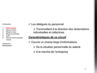 Introduction                  Les délégués du personnel
1.   Rôle et place
2.   Moyens écrits               Transmettent à la direction des réclamations
3.
4.
     Moyens oraux
     Moyens combinés
                                individuelles et collectives
5.   Audit
6.   Plan de communication   Caractéristiques de ce circuit
     interne

Conclusion
                              Couvre un champ large d’informations
Bibliographie
                                 De la situation personnelle du salarié
                                 A la marche de l’entreprise




                                                                           11
 